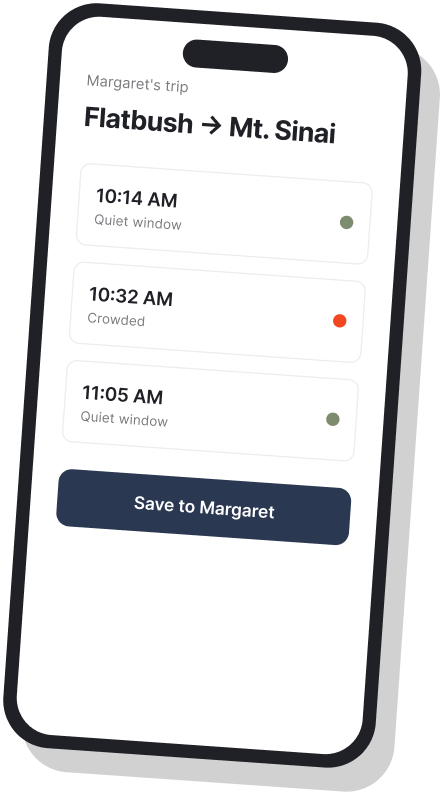 Compass concept with quiet departure windows and elevator status for Margaret’s trip