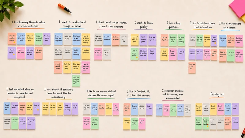 Interview affinity map grouping notes about learning formats, pace, curiosity, rewards, and independence